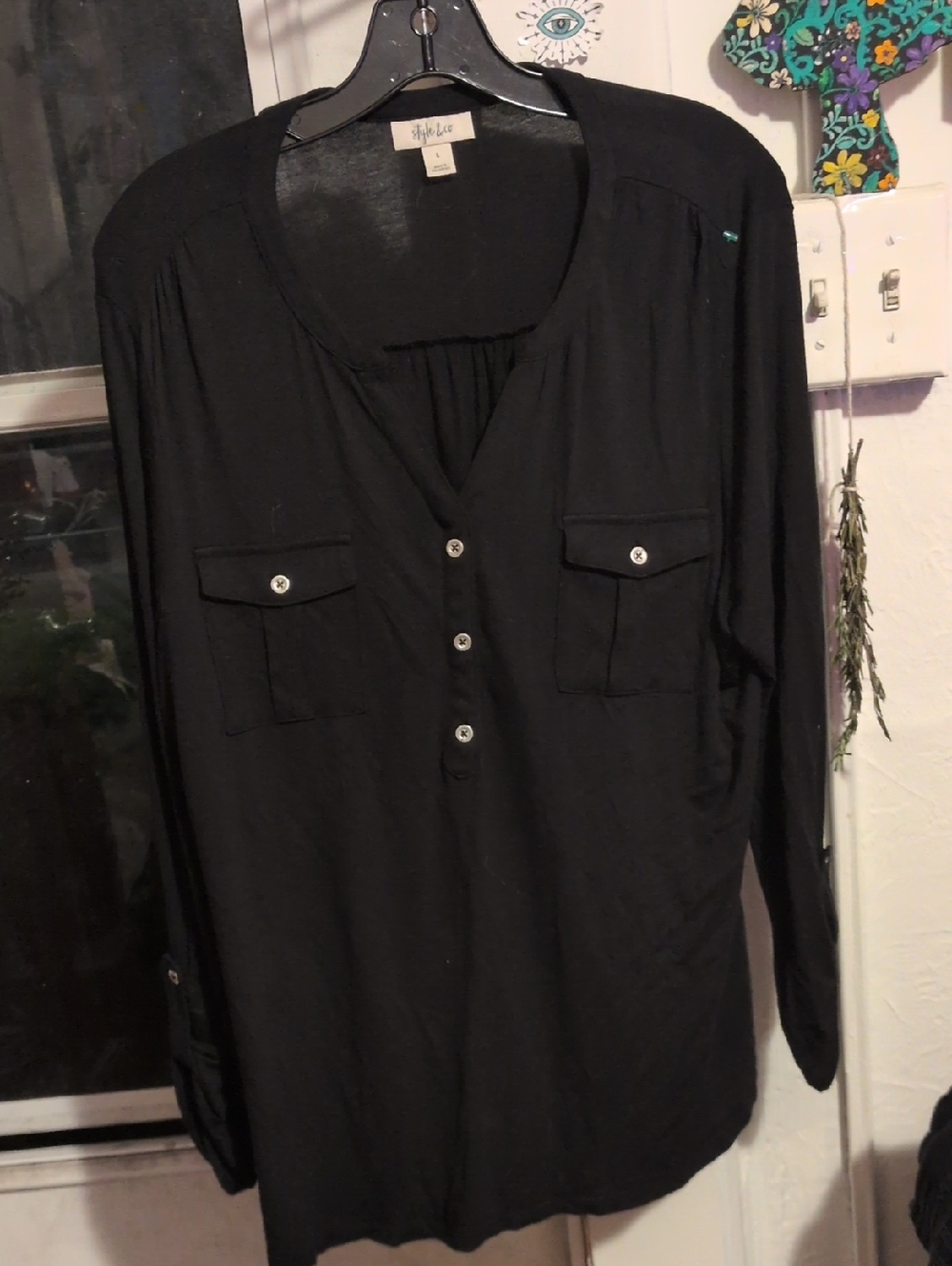 Style & Co. Black Long Sleeve Henley Pocket Tee